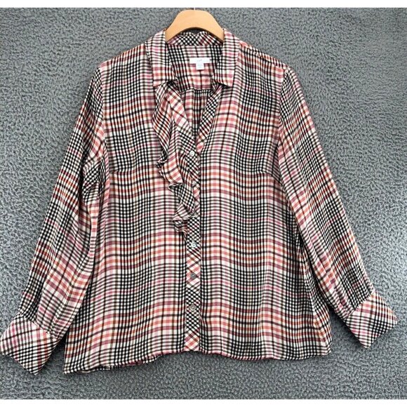 J Jill Shirt Womens Small Petite Pink Plaid Button Up Collar Ruffle Long Sleeve - Picture 1 of 10
